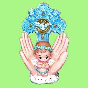 Pre-owned Baptism Blue/White Cross + Baby Angel Figurine (10”)